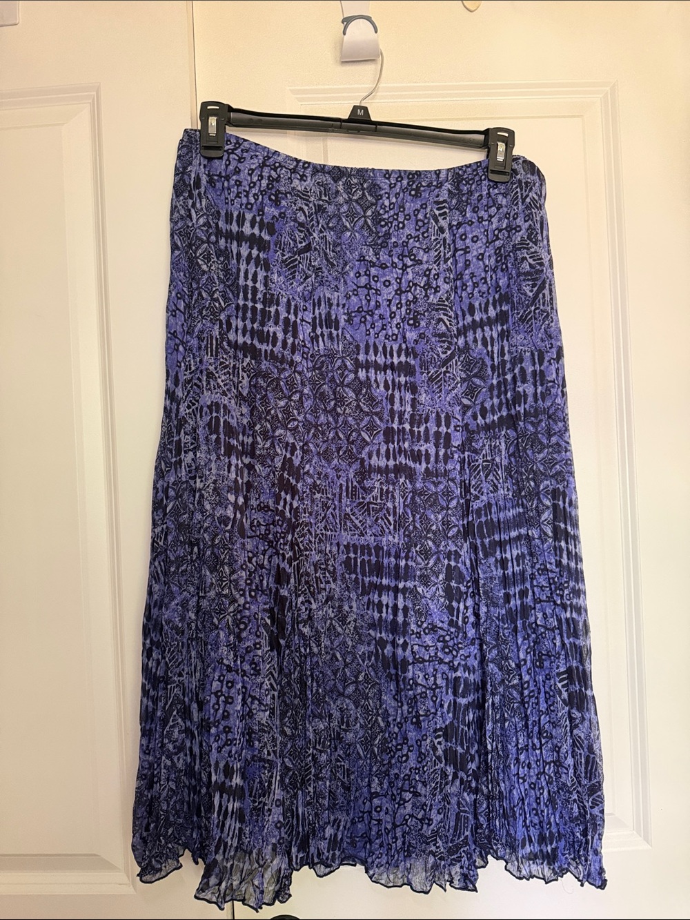 Blue Crinkle Pleated Midi Skirt | Boho A-Line Pull-On Lightweight Women's 12P